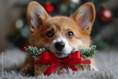 A Corgi dog and a gift box with red ribbon, bokeh background, Christmas mood, closeup shot