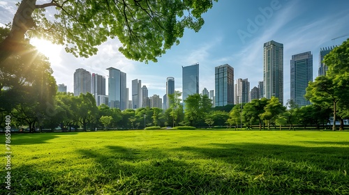 Green environment city and downtown business district. Public park in metropolis city center.