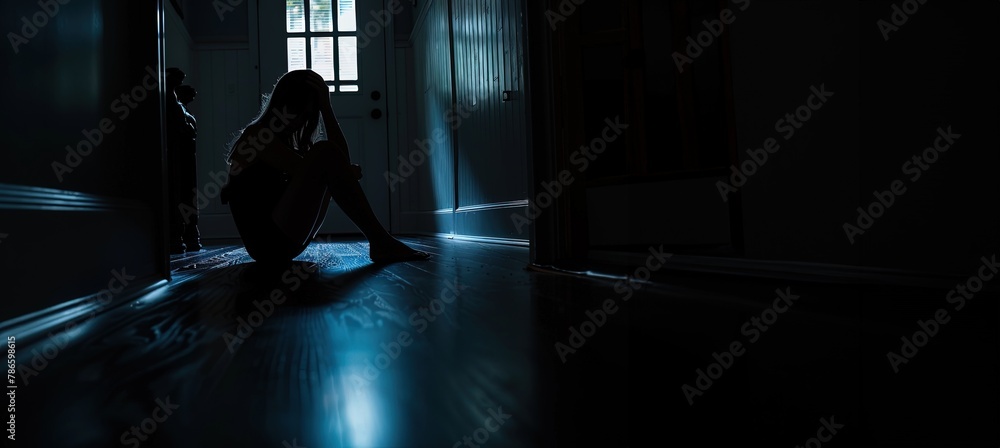 Silhouette of depressed woman sitting on the floor in a dark room, image with space, created with Ai technology.