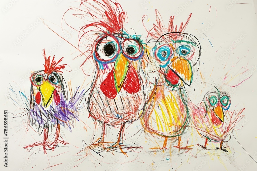 The hand drawing colourful picture of the group of the various type of chicken that has been drawn by the colored pencil or crayon on the white background that seem to be drawn by the child. AIGX01. - obrazy, fototapety, plakaty 