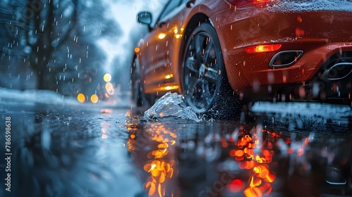Splashing Momentum: Rainy Drive Dynamics. Concept Travel Photography, Rainy Day Adventures, Vibrant Water Reflections, Dynamic Car Shots, Lively Driving Scenes