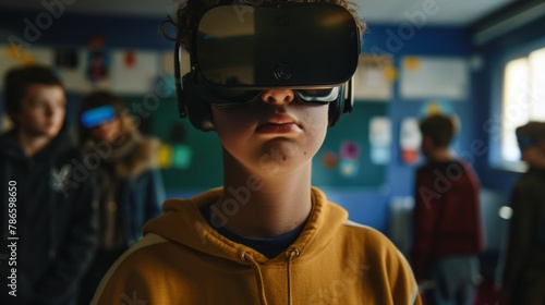 Young Boy Wearing Virtual Headset in Front of Group