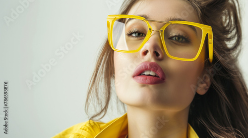Mulher usando óculos com armação amarelo no fundo branco