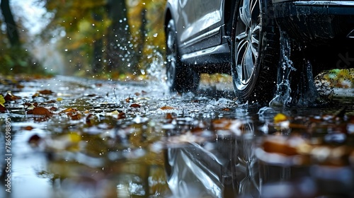 Splashing Symphony: Rainy Drive Rhythm. Concept Rainy Day Aesthetics, Driving Adventures, Weather Photography photo