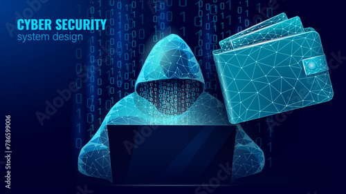 Anonymous hacker at the laptop computer Internet security. Cyber attack business concept low poly. Server polygonal point line design vector illustration