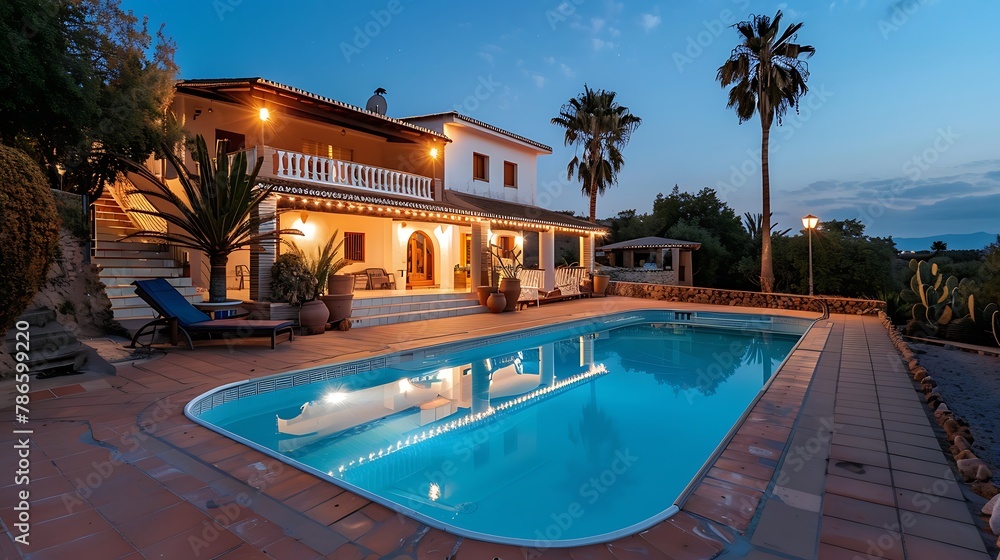 Impressive villa with pool at the end of the day in sea