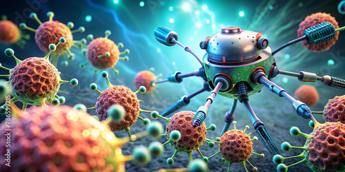 Nanobot attacking cancer cell, nanotechnology medical concept, 3D illustration. Nano sized robots developed to treat cancer