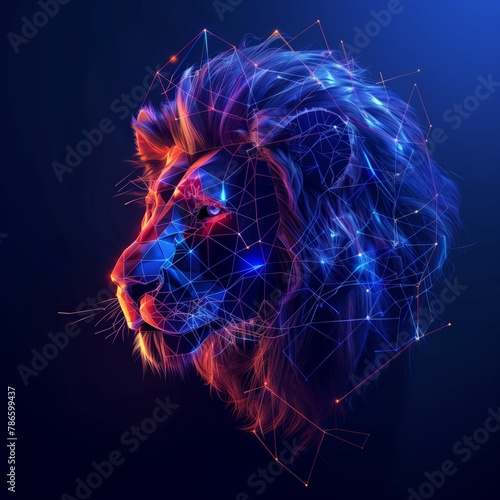 A lions head in Electric blue and Magenta gas against a dark Space background