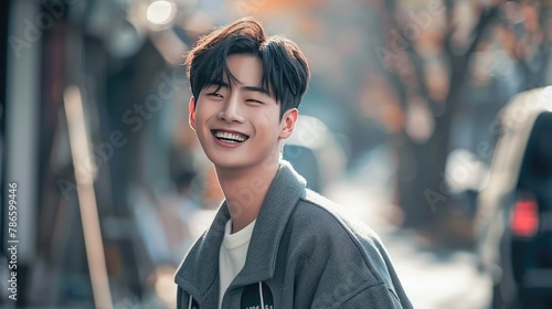 Smiling Young Man in Casual Outfit Inside a Cafe