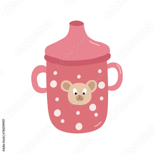 Baby cup bottle isolated on white background. Baby sippy reservoir pink with dots and bear head, drinking bowl with milk or juice with two handles vector illustration