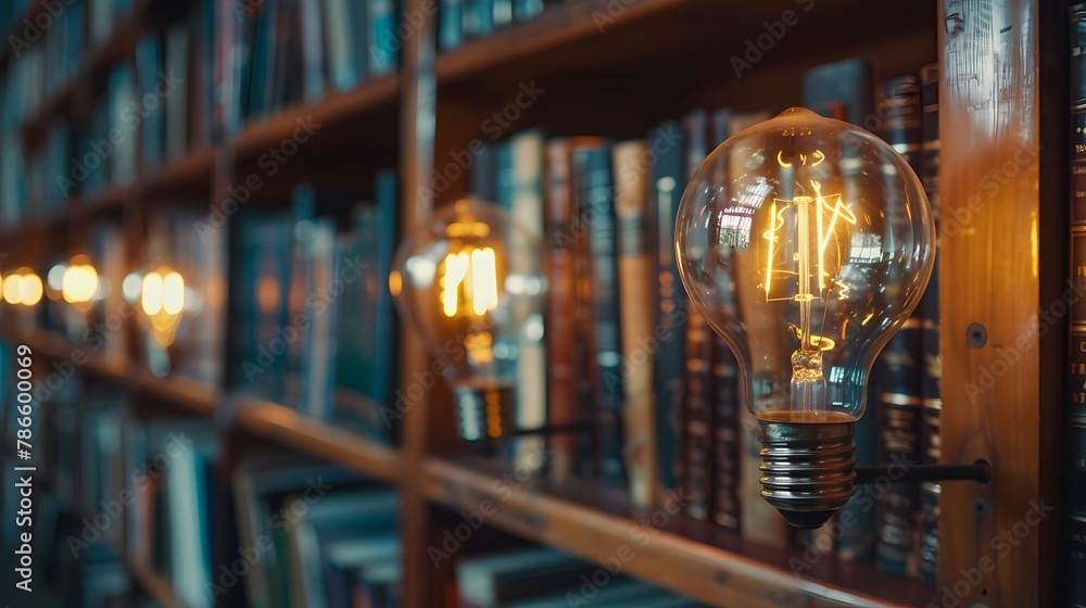 Light Bulbs and Books in library. Thinking and creative concept. Concept of Reading, Knowledge, and Idea Generation. Sparking Innovation and Inspiration, Creativity Illuminated