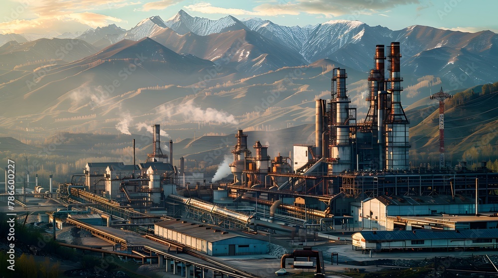 Large industrial metallurgical and chemical plant surrounded by mountains - obrazy, fototapety, plakaty 