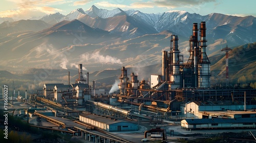 Large industrial metallurgical and chemical plant surrounded by mountains