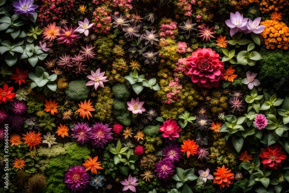 A living wall garden, a background where every bloom tells a story of beauty. A living wall garden, a background where every bloom tells a story of beauty.