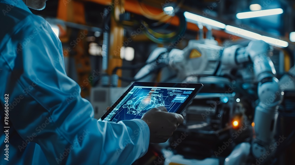 Manager Technical Industrial Engineer working and control robotics with monitoring system software on tablet. Industry 4.0 Manager Technical Industrial Engineer working and control robotics with monitoring system software on tablet. Industry 4.0