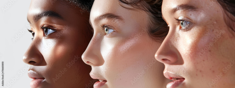 Studio, closeup and women with diversity for skincare, equality and support on white background. Empowerment, cosmetics and group of people with thinking for beauty, dermatology glow and inclusion Studio, closeup and women with diversity for skincare, equality and support on white background. Empowerment, cosmetics and group of people with thinking for beauty, dermatology glow and inclusion