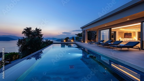 Luxurious villa with private infinity pool and chaise lounges at summer in dusk © Michael