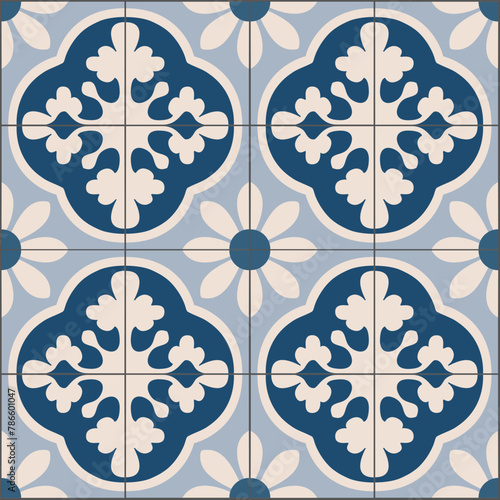 Portuguese tiles in beige and blue. Ceramic Tiles. Hydraulic Portuguese ceramic design. 
