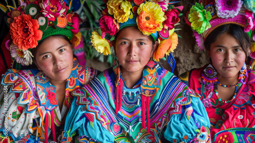 Three women wearing colorful clothing and flower headdresses