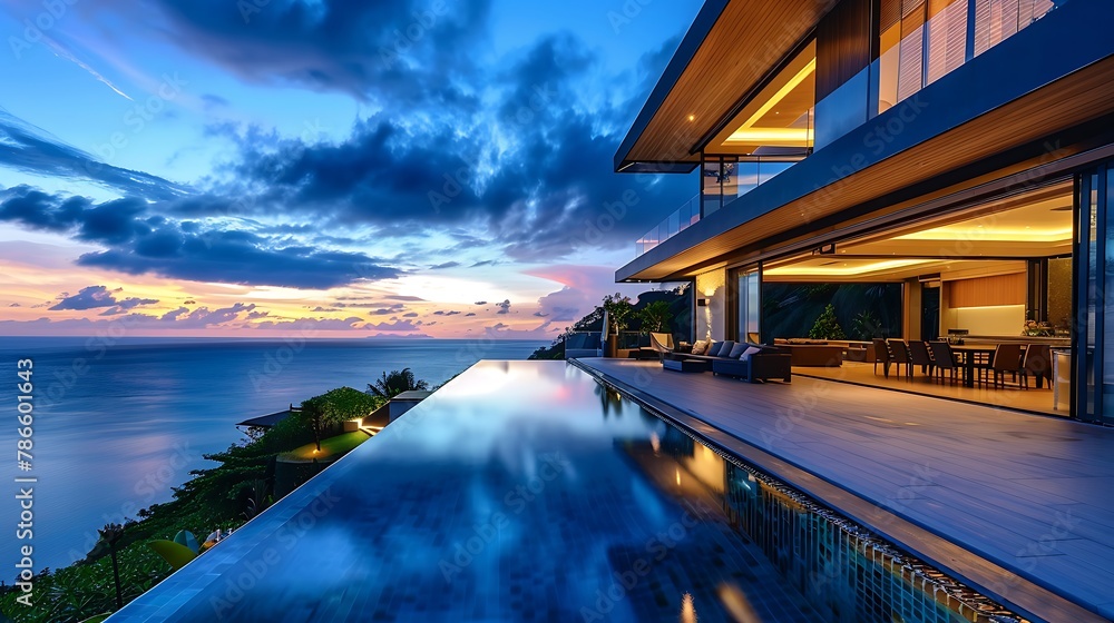 Modern luxury villa exterior with infinity pool and beautiful ocean view at dawn