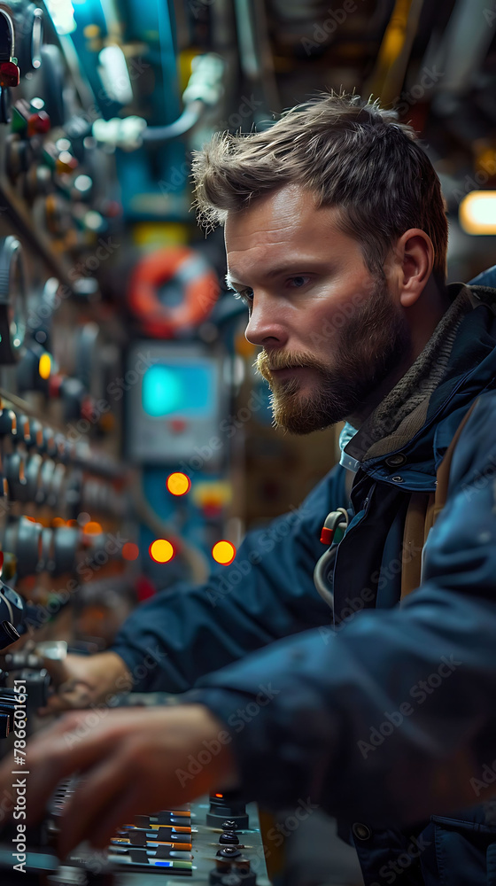 A Marine Engineer Troubleshooting and resolving technical issues related to marine machinery, propulsion systems, and onboard equipment, realistic people photography