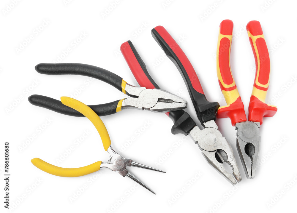 Group of different pliers isolated on white, top view Group of different pliers isolated on white, top view