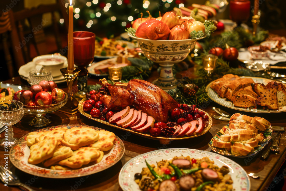 A large table is covered with a variety of food, including a turkey, apples