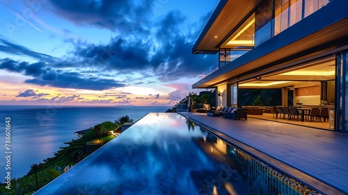 Modern luxury villa exterior with infinity pool and beautiful ocean view at dawn © Michael