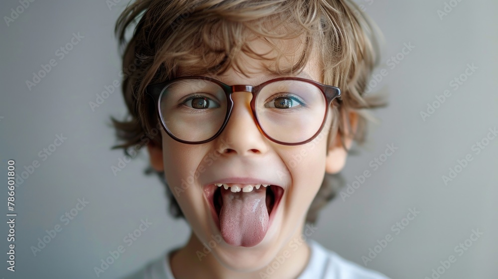 Playful young boy sticking out his tongue, wearing glasses. Ideal for educational and fun concepts Playful young boy sticking out his tongue, wearing glasses. Ideal for educational and fun concepts