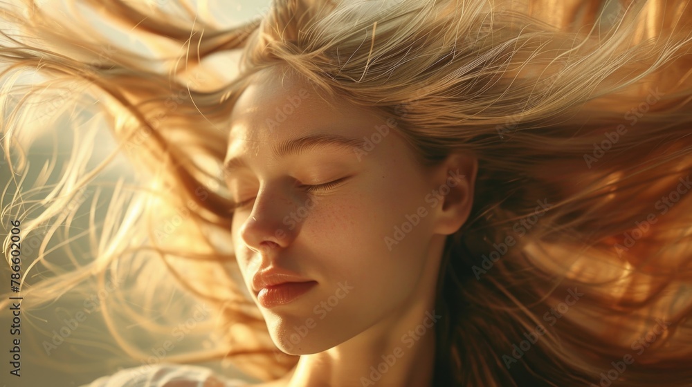 A woman with her hair blowing in the wind. Suitable for beauty and fashion concepts A woman with her hair blowing in the wind. Suitable for beauty and fashion concepts