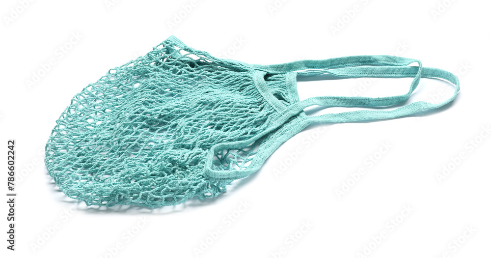 Fototapeta premium One turquoise string bag isolated on white