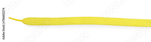Stylish yellow shoe lace isolated on white, top view
