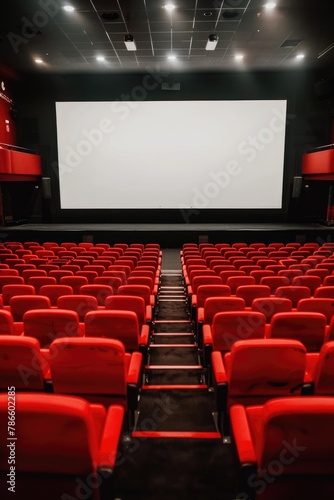 An empty theater with red seats and a projector screen. Suitable for entertainment industry concepts