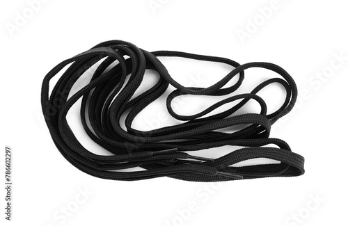 Stylish black shoe laces isolated on white, top view