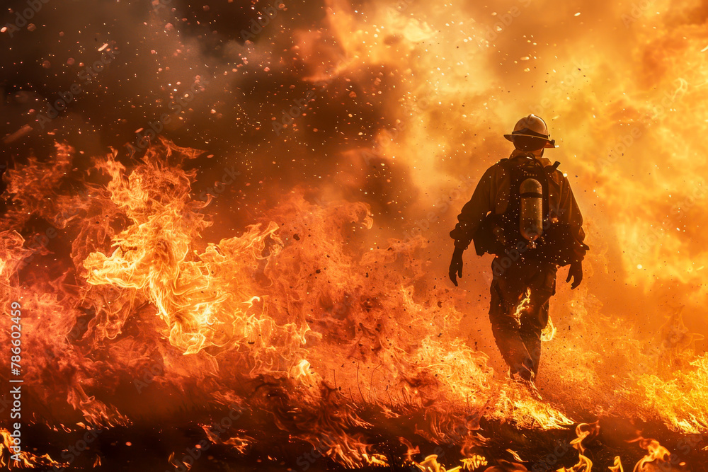 A firefighter is walking through a field of fire A firefighter is walking through a field of fire