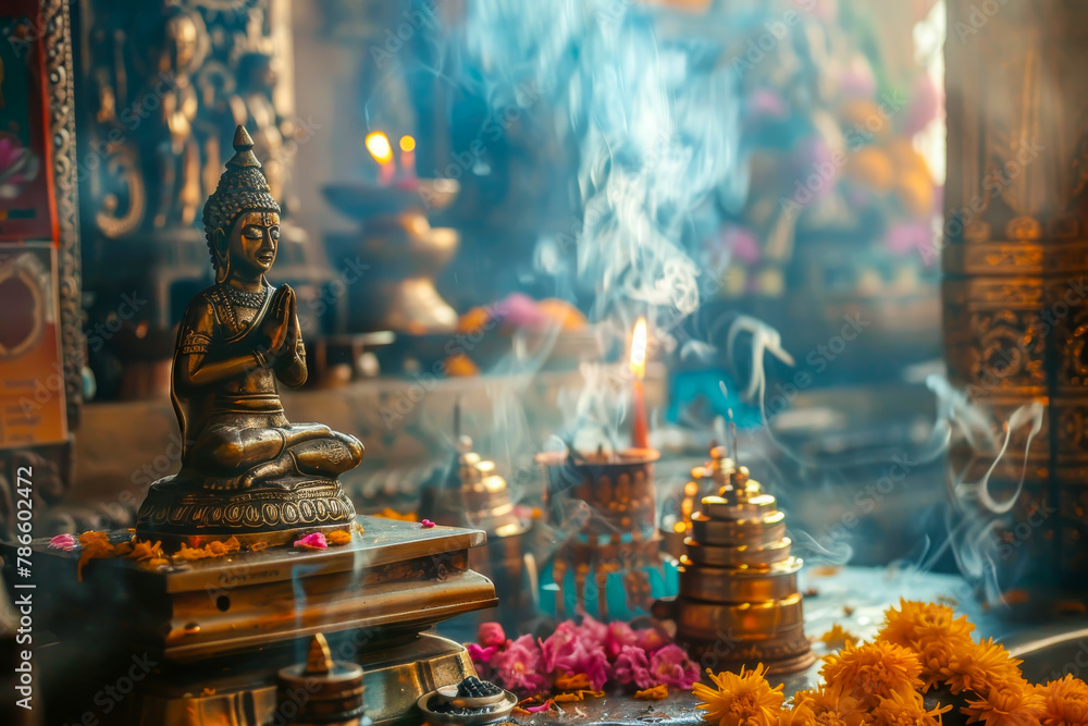 A statue of Buddha sits on a small table with candles and incense A statue of Buddha sits on a small table with candles and incense