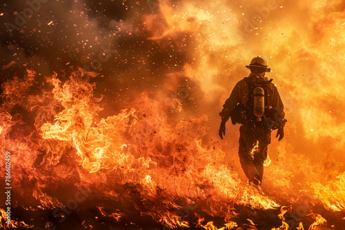 A firefighter is walking through a field of fire