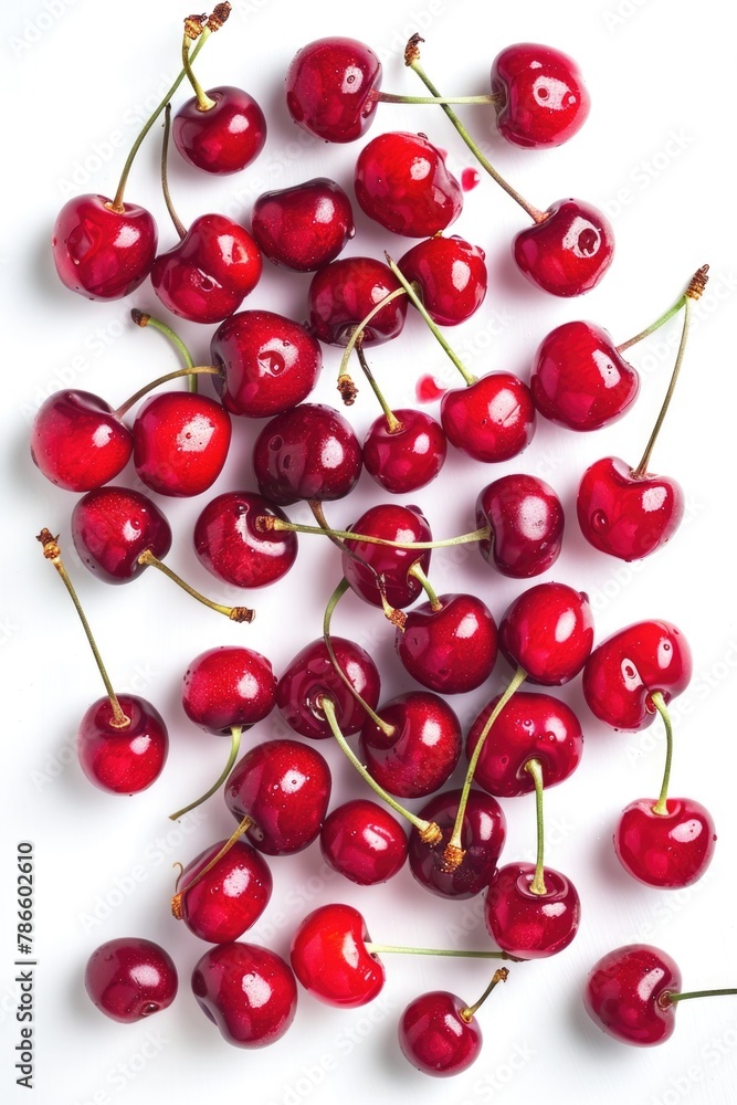 Ripe cherries on a clean white surface, suitable for food and nutrition concepts Ripe cherries on a clean white surface, suitable for food and nutrition concepts