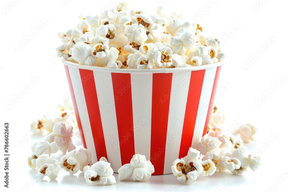 Red and white striped cup filled with popcorn. Suitable for various events and celebrations