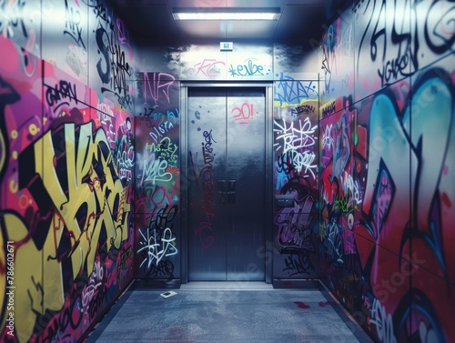 graffiti-covered elevator reflecting clash between city lights