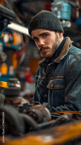 A Mechanic Diagnosing mechanical issues, troubleshooting problems, and performing repairs on vehicles such as cars, trucks, and motorcycles, realistic people photography