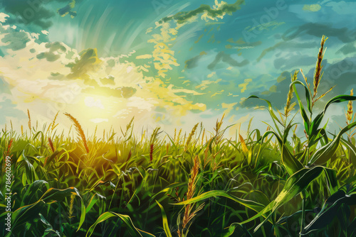 A field of corn is shown with the sun shining on it