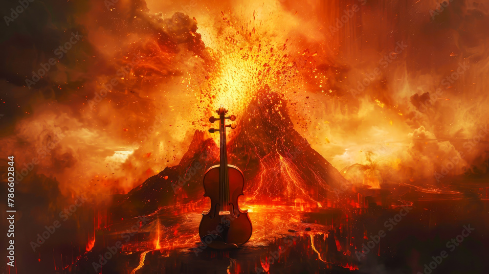 A violin is standing in front of a volcano
