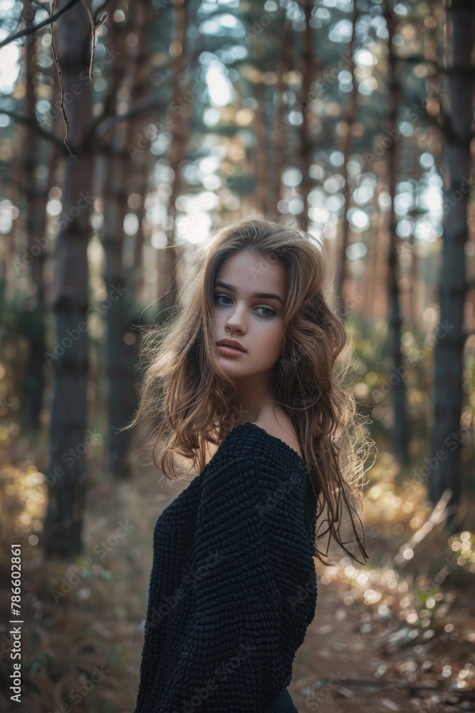A woman with long hair standing in a forest. Suitable for nature or outdoor themed projects A woman with long hair standing in a forest. Suitable for nature or outdoor themed projects