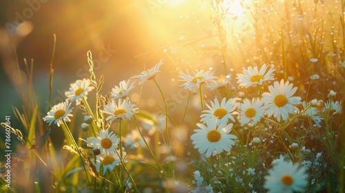 A beautiful field of daisies with the sun shining in the background. Perfect for nature and summer themed designs