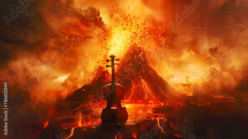 A violin is standing in front of a volcano photo