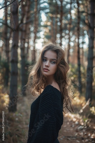 A woman with long hair standing in a forest. Suitable for nature or outdoor themed projects