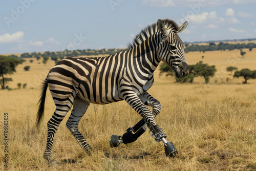 A zebra with a prosthetic leg is running through a field