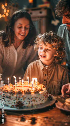 A family is gathered around a birthday cake with candles