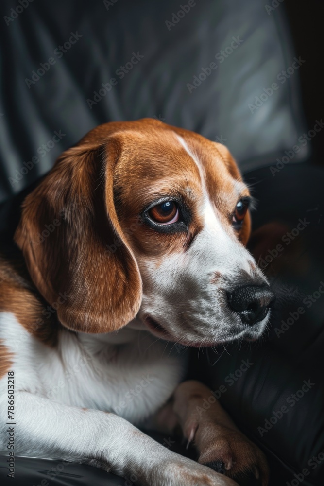 A brown and white dog sitting on a black couch. Suitable for pet and furniture related projects A brown and white dog sitting on a black couch. Suitable for pet and furniture related projects